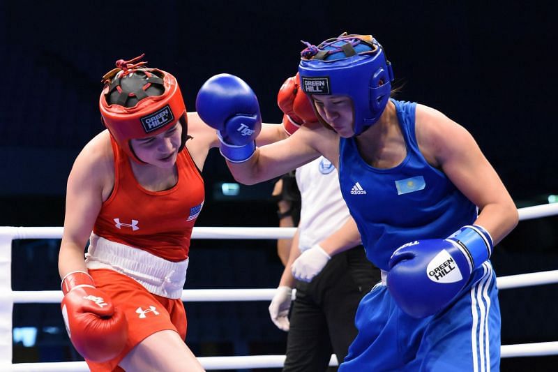 Iyana Verduzco of USA in Red in action against Yeslyamgali of Kazakhstan (Image Courtesy: AIBA)